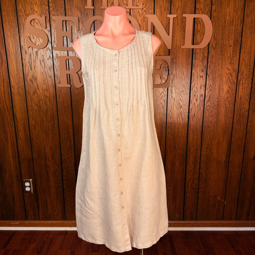 Tan Cottagecore Dress LL Bean Womens 6 Linen Pintuck Boho Peasant Button Front